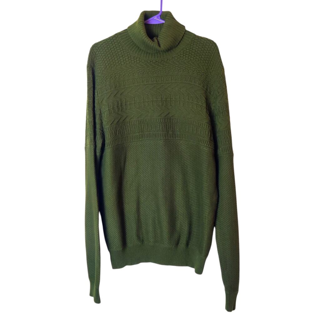 J. Peterman Aran Knit Cotton Fisherman Heritage Turtleneck Sweater Green Medium
